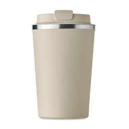 A drink bottle in a light beige colour with a silver rim and a lid. It has a smooth, matte finish.