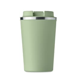 A drink bottle in a muted green colour with a stainless steel rim and two openings at the top.