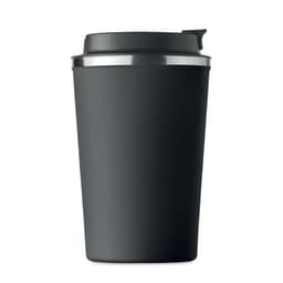 A drink bottle in matte black with a silver band near the top and a lid, featuring a logo.