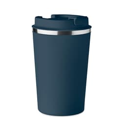 A drink bottle in dark blue with a silver band and a lid. It has a smooth, matte finish and includes a logo.