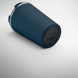 A drink bottle in navy blue with a silver lid and a circular base featuring a logo.