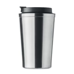 A stainless steel drink bottle with a black lid and a sleek, modern design. It features a logo on the surface.
