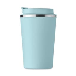 A drink bottle in a light blue shade with a stainless steel lid and a smooth finish. Features a logo on the side.