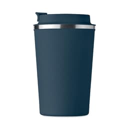 A drink bottle in navy blue with a silver rim and a lid. It features a logo on the side.