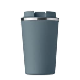 A grey drink bottle with a stainless steel rim and a simple, cylindrical design. It features a logo on the side.