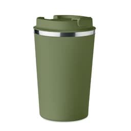 A drink bottle in olive green with a stainless steel band at the top and a lid. Features a logo.