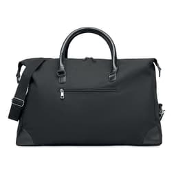 A travel bag in black with a zippered front pocket and sturdy handles, featuring a removable shoulder strap.