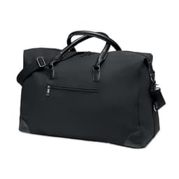 A black duffel bag featuring leather accents, dual handles, and an adjustable shoulder strap. It includes a front zip pocket.