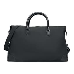 A duffel bag in black with dual handles and a detachable shoulder strap, featuring a sleek design.