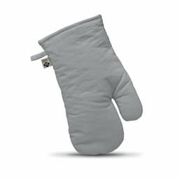 A grey oven mitt with a quilted texture and a hanging loop for easy storage. It features a branding label.