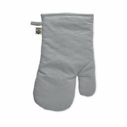 A grey oven mitt with a loop for hanging, featuring a small label.