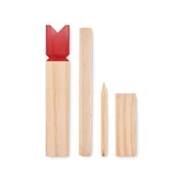 A set of wooden blocks in various shapes and sizes, featuring a red-tipped block among natural wood pieces.