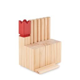 A wooden block set featuring a crown-shaped piece in red, with several natural wooden blocks.