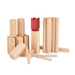 A collection of wooden blocks and rods, featuring a red block with a distinctive top and various natural wood pieces.