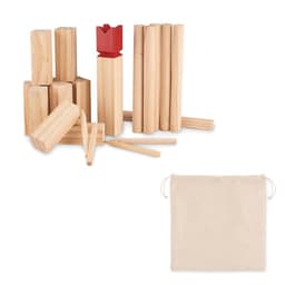 A set of wooden blocks in various shapes and sizes, featuring a red crown piece, with a storage bag.