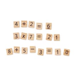 Math equations displayed on wooden tiles, featuring numbers and arithmetic symbols in black on a light wood background.