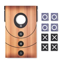 A wooden target game with scoring zones and six bean bags in blue and black.