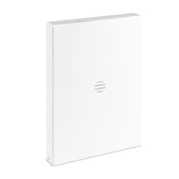 A white presentation folder with a circular logo in the centre. The folder has a sleek, minimalist design.