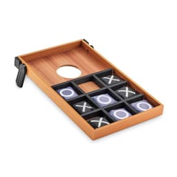 A game board with a wooden frame featuring a tic-tac-toe layout and circular hole, filled with X and O pieces.
