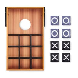 A wooden tic-tac-toe game board with a circular hole, featuring black and blue marker squares.
