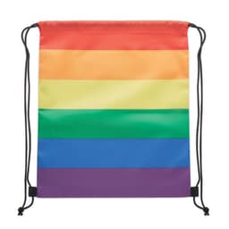 A drawstring bag featuring the rainbow flag design with vibrant stripes in red, orange, yellow, green, blue, and purple.