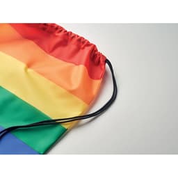 A drawstring bag featuring a vibrant rainbow stripe design, showcasing red, orange, yellow, green, blue, and purple colours.