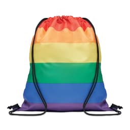 A drawstring bag featuring vibrant rainbow stripes in red, orange, yellow, green, blue, and purple. It has a logo on it.