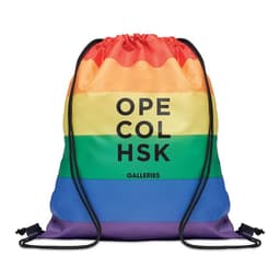 A drawstring bag featuring a rainbow colour scheme with various horizontal stripes and a logo in the centre.