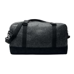 A grey and black duffel bag with handles and an adjustable shoulder strap, featuring a logo.