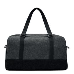 A grey and black duffel bag with two shoulder straps and a bold logo on the side.