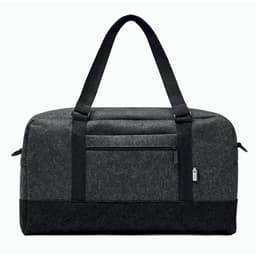 A grey fabric bag with black handles and a front zip pocket, featuring a logo on the side.