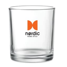 A glass tumbler featuring a clear design with a round base and an orange logo.