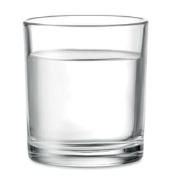 A drink bottle filled with clear liquid in a simple, transparent glass. The glass has a smooth, cylindrical shape.