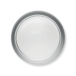 A clear glass plate with a silver rim, featuring a smooth and shiny surface.