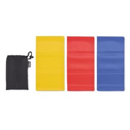 A set of four resistance bands in yellow, red, blue, and a black storage pouch.