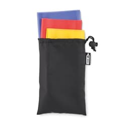 A set of three coloured resistance bands (blue, red, and yellow) stored in a black drawstring pouch.