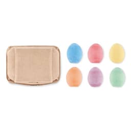 A set of colourful, pastel eggs in pink, blue, yellow, green, orange, and purple, alongside a beige container.
