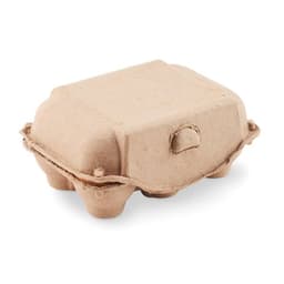 A recycled fibre egg carton in a natural brown colour, designed to hold four eggs. It features a textured surface and a small opening.