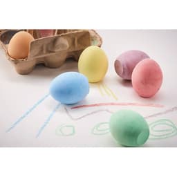 A collection of pastel-coloured eggs in blue, yellow, green, pink, and purple, placed on a light surface with crayon marks.