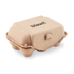 A carton made of brown cardboard, designed to hold eggs, with a logo on the top.