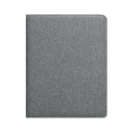 A grey folder with a textured fabric finish, featuring a subtle branding logo on the front.