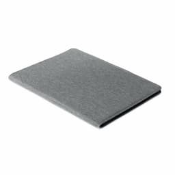 A grey notebook with a smooth fabric cover, featuring minimalistic design and a logo on the front.