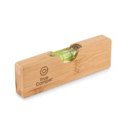 A wooden spirit level in a rectangular shape, featuring a bubble indicator and a logo. The colour is light bamboo.