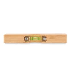 A spirit level featuring a wooden bamboo body with a transparent vial containing a green bubble.
