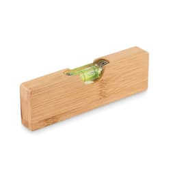 A bamboo spirit level with a clear bubble vial, featuring a natural wood finish and a simple rectangular design.