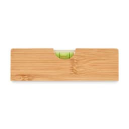 A bamboo-level tool with a green bubble indicator, featuring a smooth, natural wood finish.