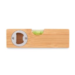 A wooden bottle opener made of bamboo with a metal opener and green accents. Features a minimalist design.