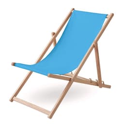 A deck chair with a blue fabric seat and a light wooden frame. It is adjustable and foldable for easy storage.