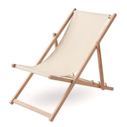 A deck chair made of light wood with a cream fabric seat, featuring a simple, foldable design.
