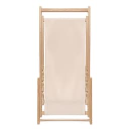 A wooden folding chair with a light beige fabric seat and back, featuring a simple and minimalist design.